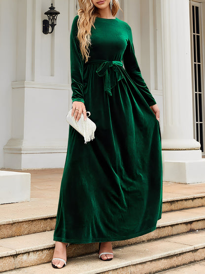 Elegant Velvet Maxi Dress for Women with Boat Neck Long Sleeve Belted Waist Style