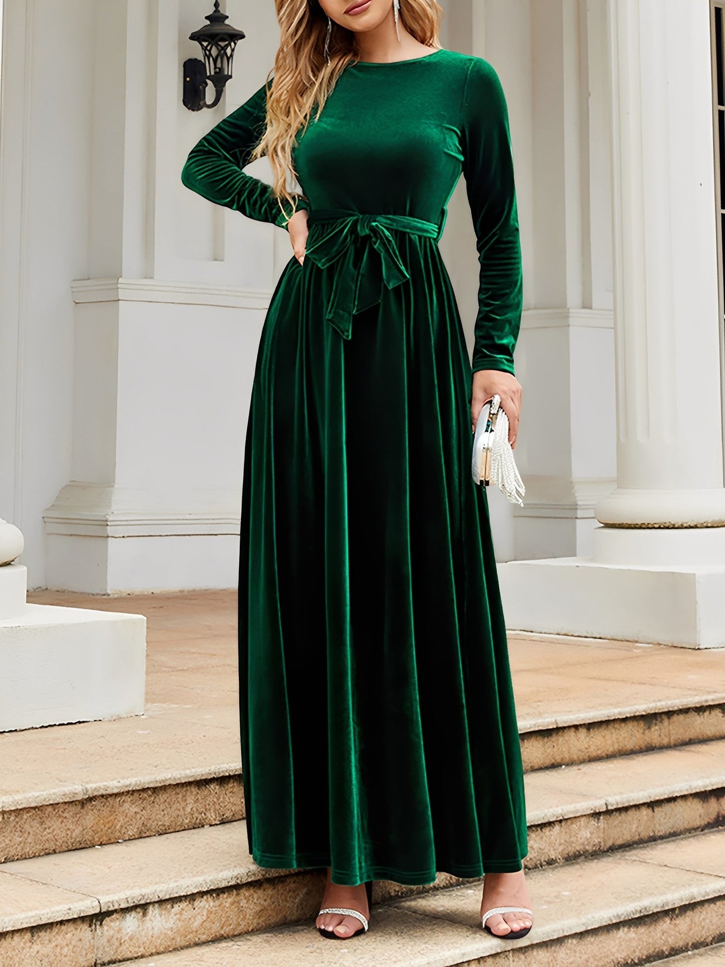 Elegant Velvet Maxi Dress for Women with Boat Neck Long Sleeve Belted Waist Style