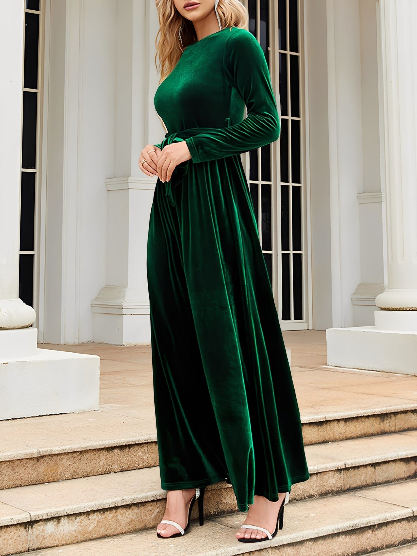 Elegant Velvet Maxi Dress for Women with Boat Neck Long Sleeve Belted Waist Style