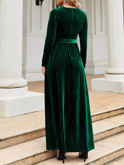 Elegant Velvet Maxi Dress for Women with Boat Neck Long Sleeve Belted Waist Style