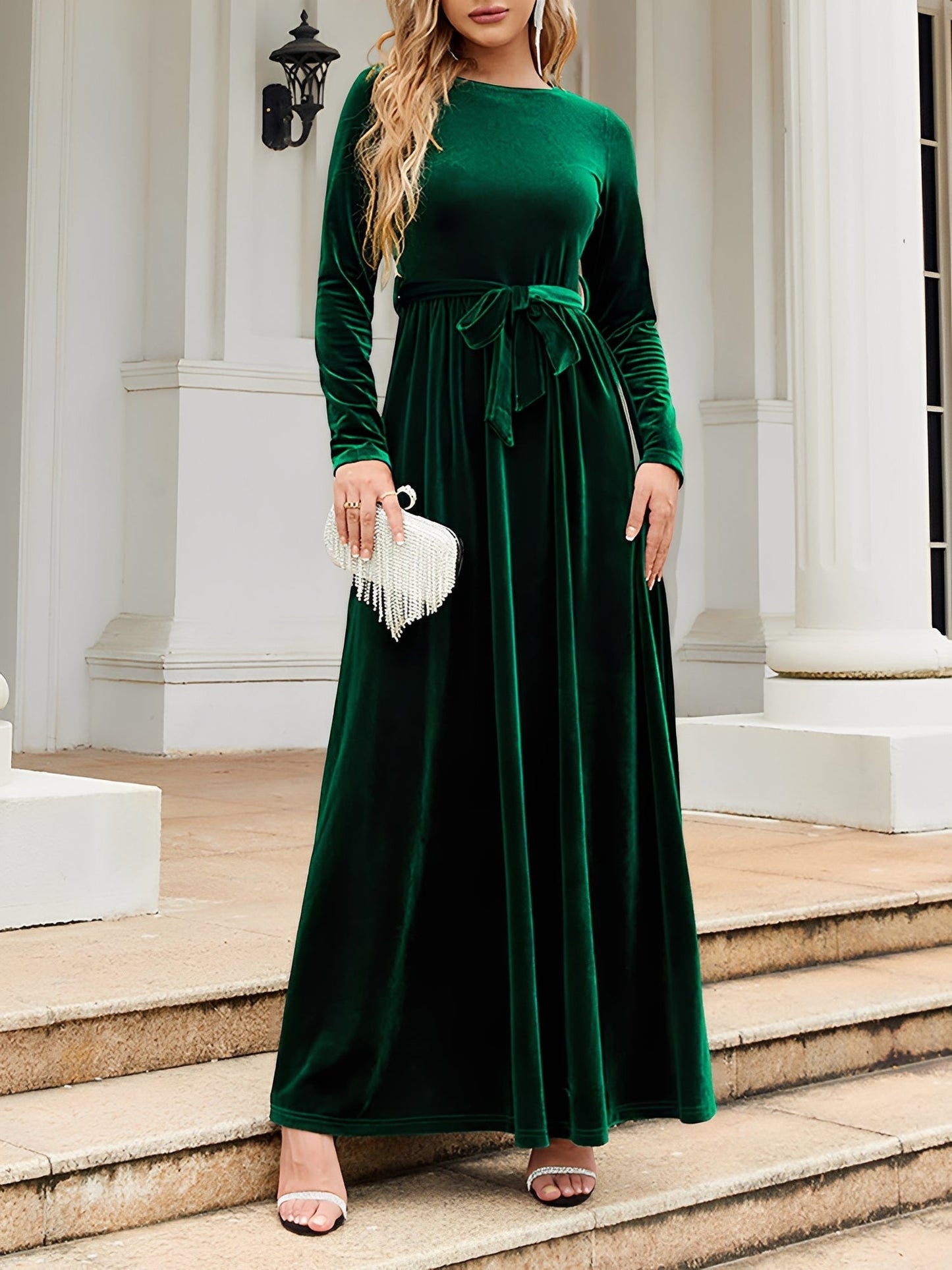 Elegant Velvet Maxi Dress for Women with Boat Neck Long Sleeve Belted Waist Style