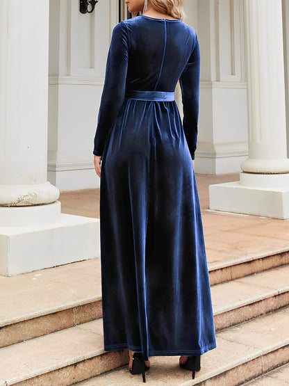 Elegant Velvet Maxi Dress for Women with Boat Neck Long Sleeve Belted Waist Style