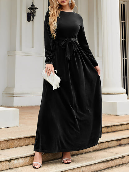 Elegant Velvet Maxi Dress for Women with Boat Neck Long Sleeve Belted Waist Style