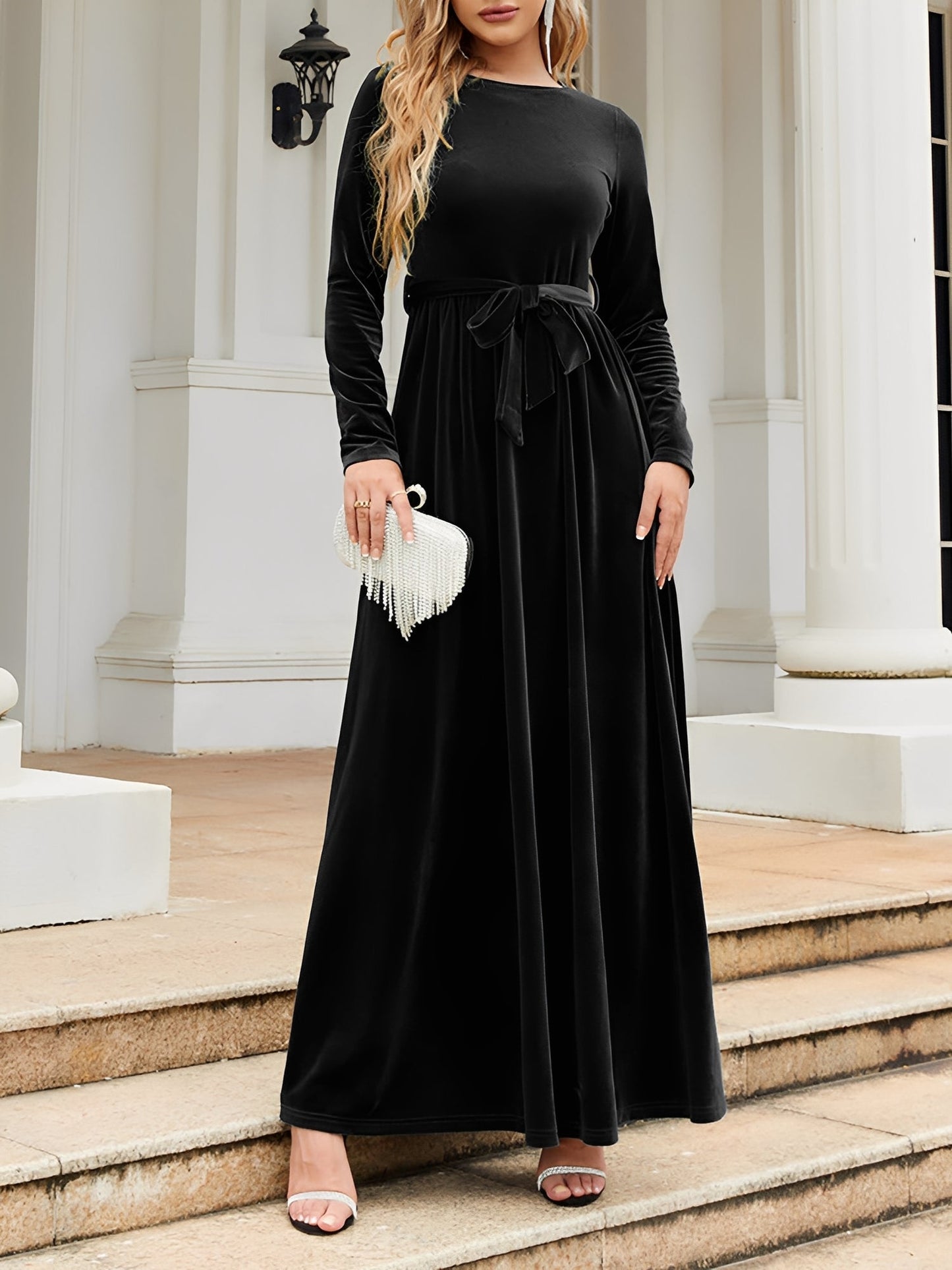 Elegant Velvet Maxi Dress for Women with Boat Neck Long Sleeve Belted Waist Style