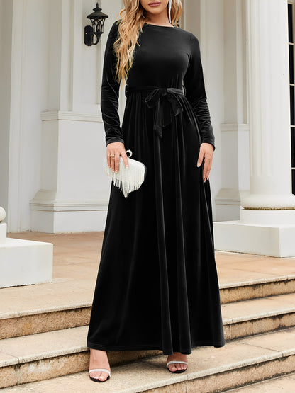 Elegant Velvet Maxi Dress for Women with Boat Neck Long Sleeve Belted Waist Style