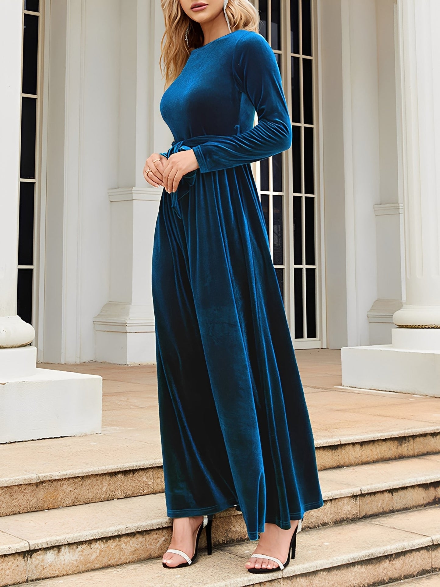 Elegant Velvet Maxi Dress for Women with Boat Neck Long Sleeve Belted Waist Style
