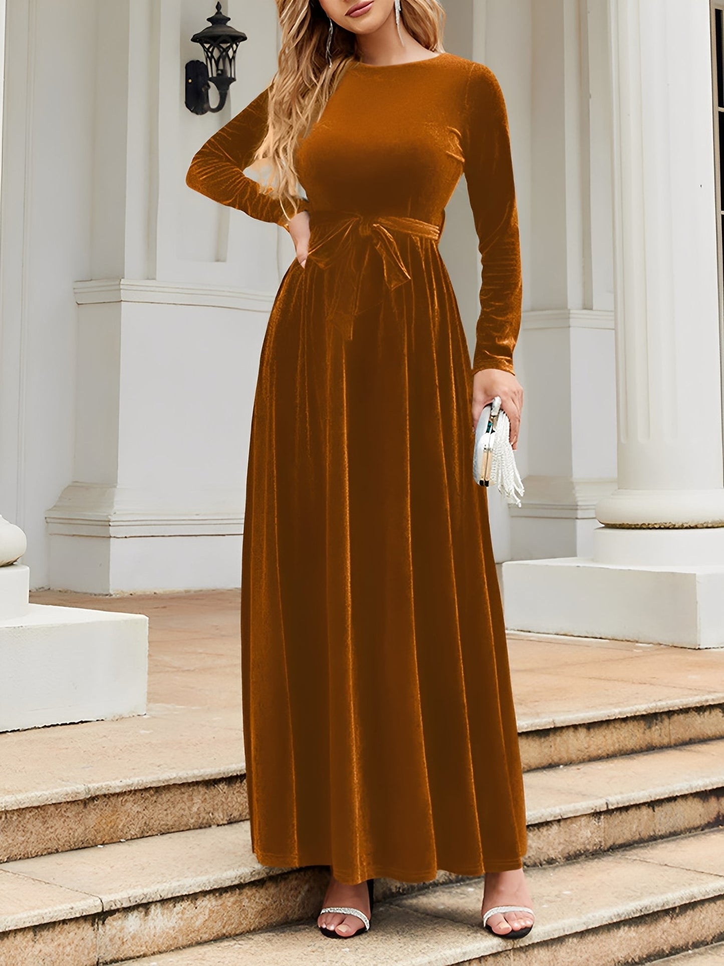 Elegant Velvet Maxi Dress for Women with Boat Neck Long Sleeve Belted Waist Style