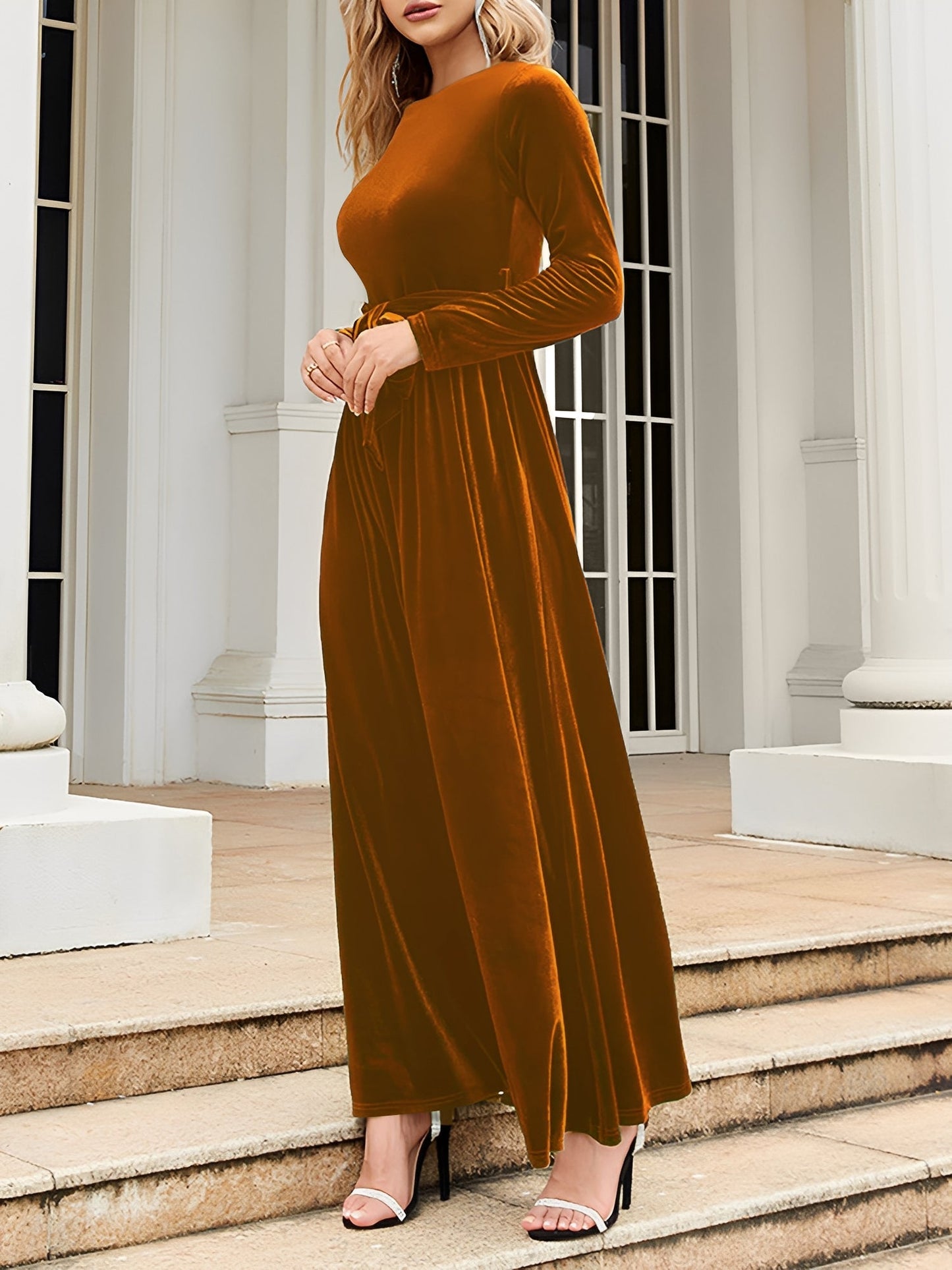 Elegant Velvet Maxi Dress for Women with Boat Neck Long Sleeve Belted Waist Style