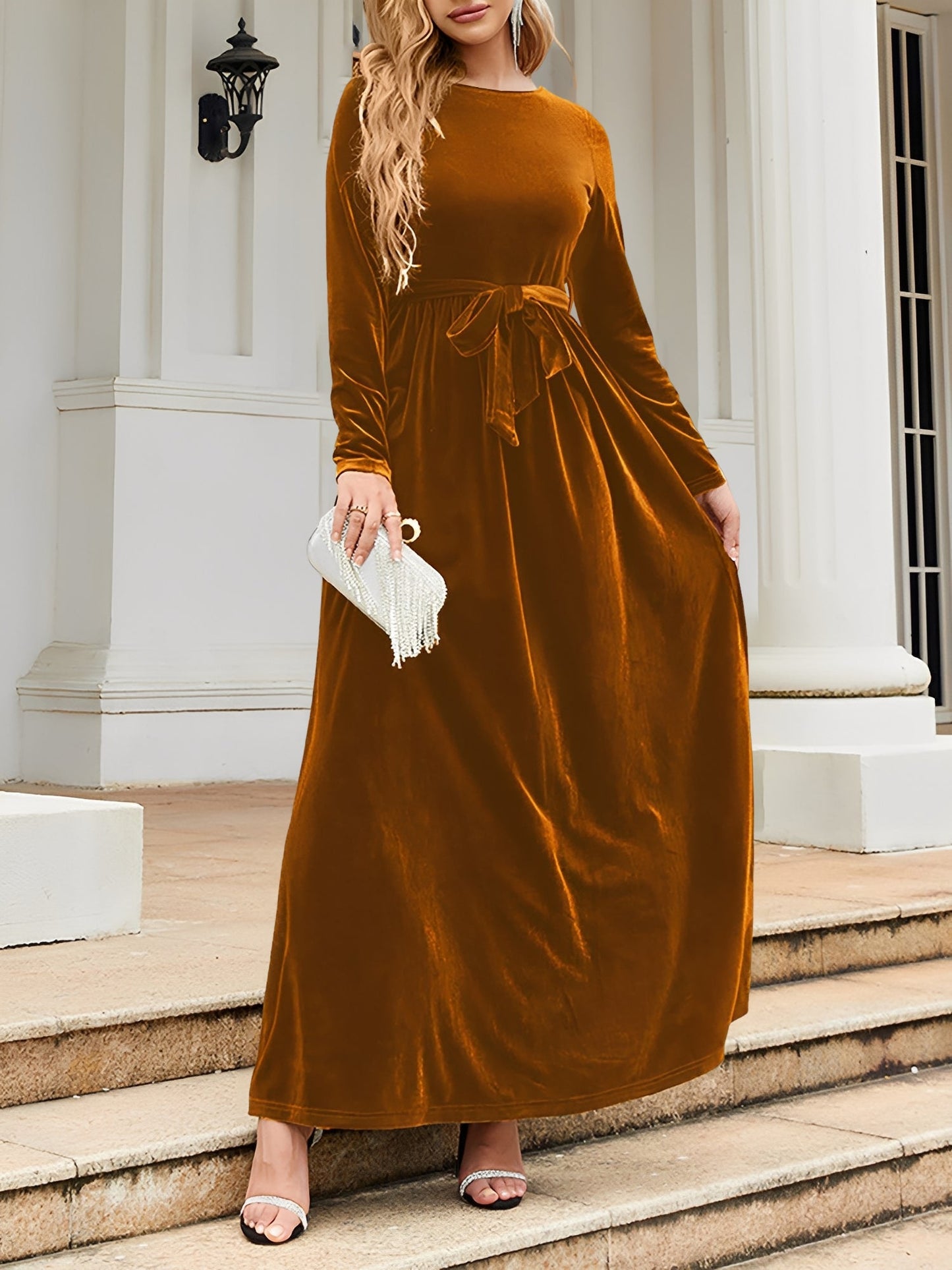 Elegant Velvet Maxi Dress for Women with Boat Neck Long Sleeve Belted Waist Style
