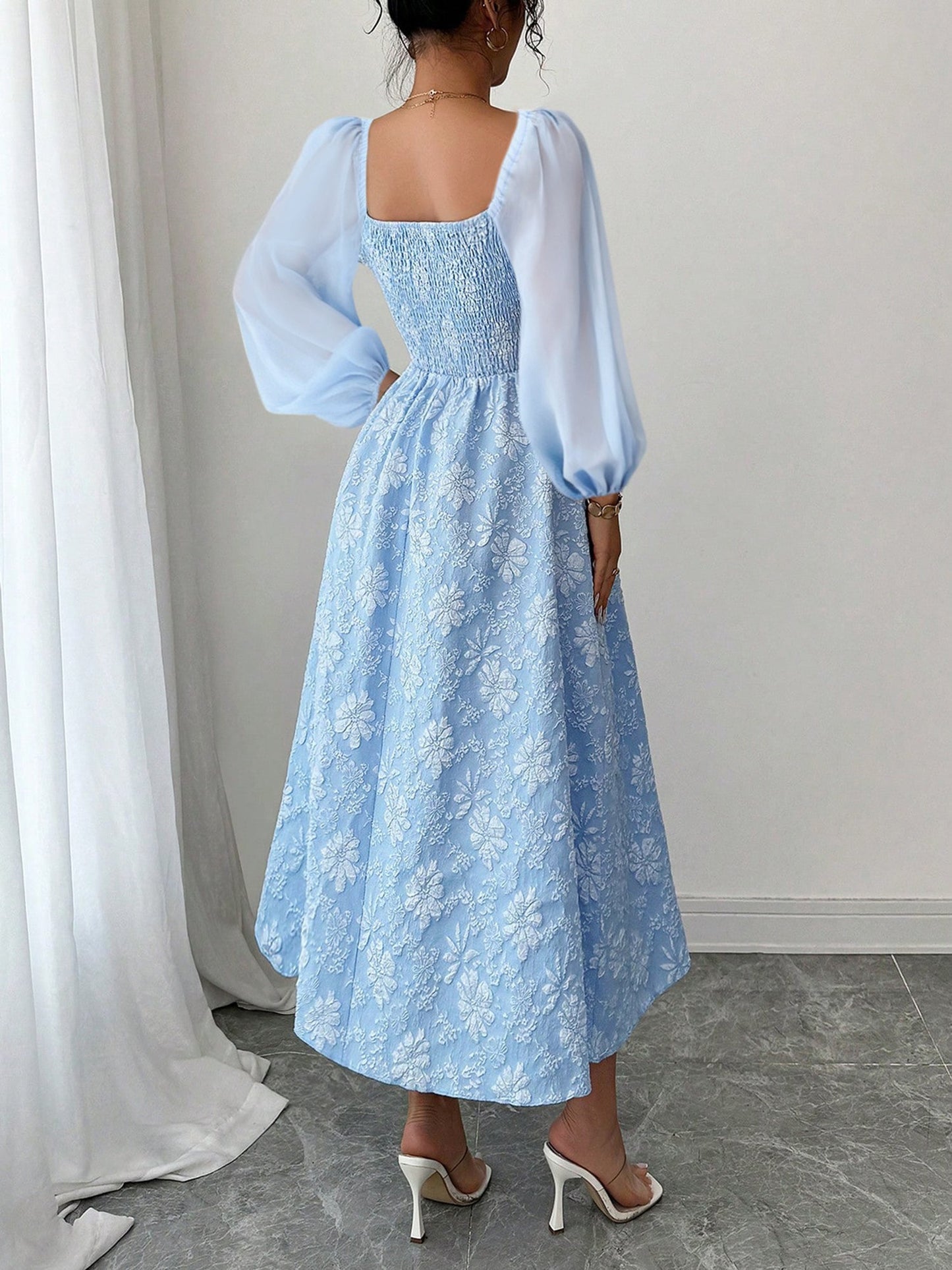 Elegant Puff Sleeve Midi Dress for Women with Square Neck Textured Fitted Style