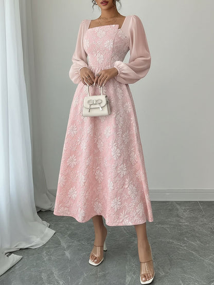 Elegant Puff Sleeve Midi Dress for Women with Square Neck Textured Fitted Style
