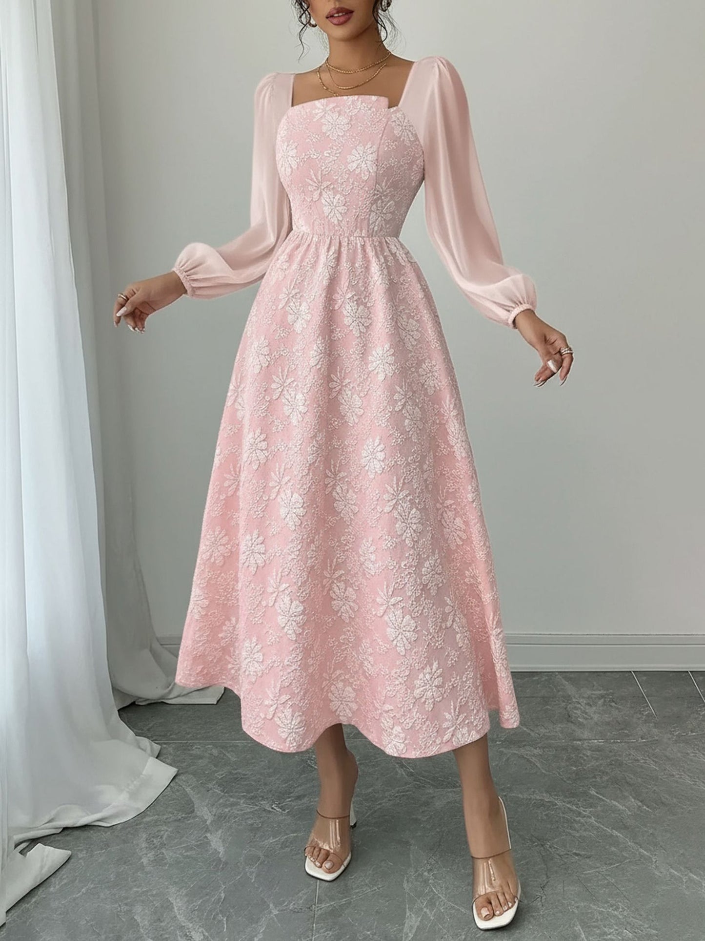 Elegant Puff Sleeve Midi Dress for Women with Square Neck Textured Fitted Style