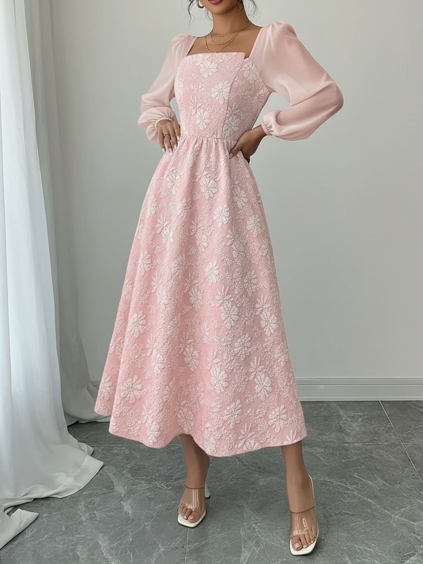 Elegant Puff Sleeve Midi Dress for Women with Square Neck Textured Fitted Style
