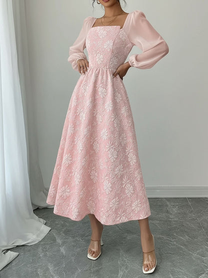 Elegant Puff Sleeve Midi Dress for Women with Square Neck Textured Fitted Style