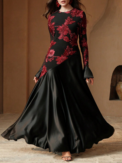 Elegant Black Floral Ball Gown Dress for Women with Long Sleeve Full Skirt Style