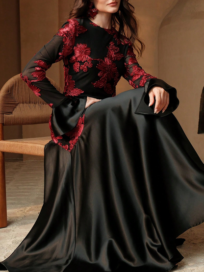 Elegant Black Floral Ball Gown Dress for Women with Long Sleeve Full Skirt Style