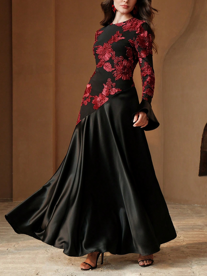 Elegant Black Floral Ball Gown Dress for Women with Long Sleeve Full Skirt Style