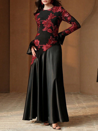 Elegant Black Floral Ball Gown Dress for Women with Long Sleeve Full Skirt Style