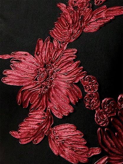 Elegant Black Floral Ball Gown Dress for Women with Long Sleeve Full Skirt Style