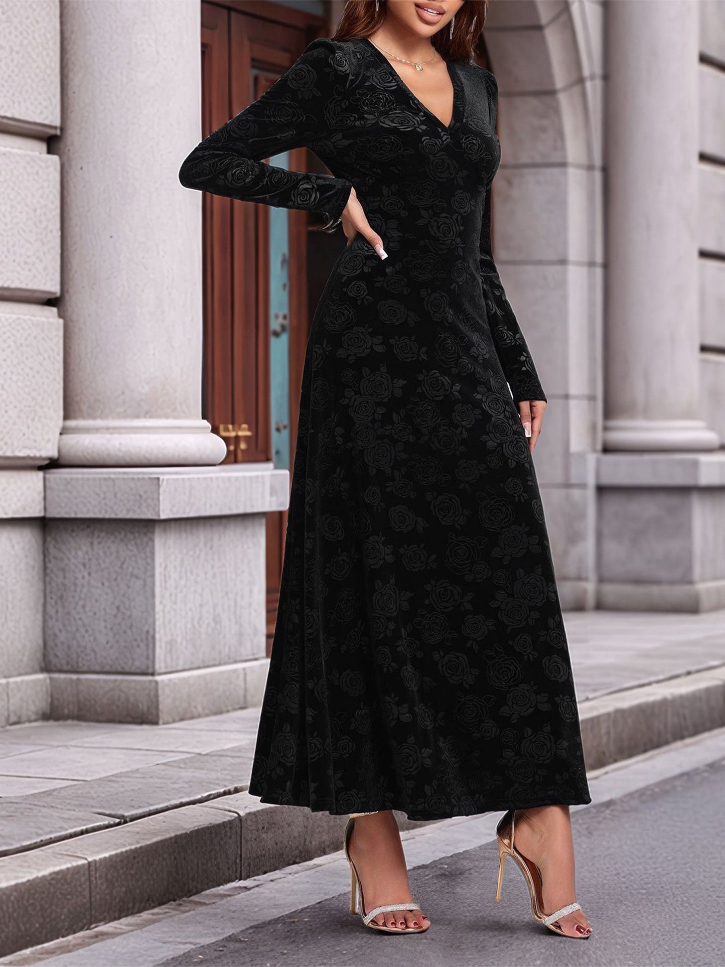 Elegant Black Floral Maxi Dress for Women with V-Neck Long Sleeve Wrap Style