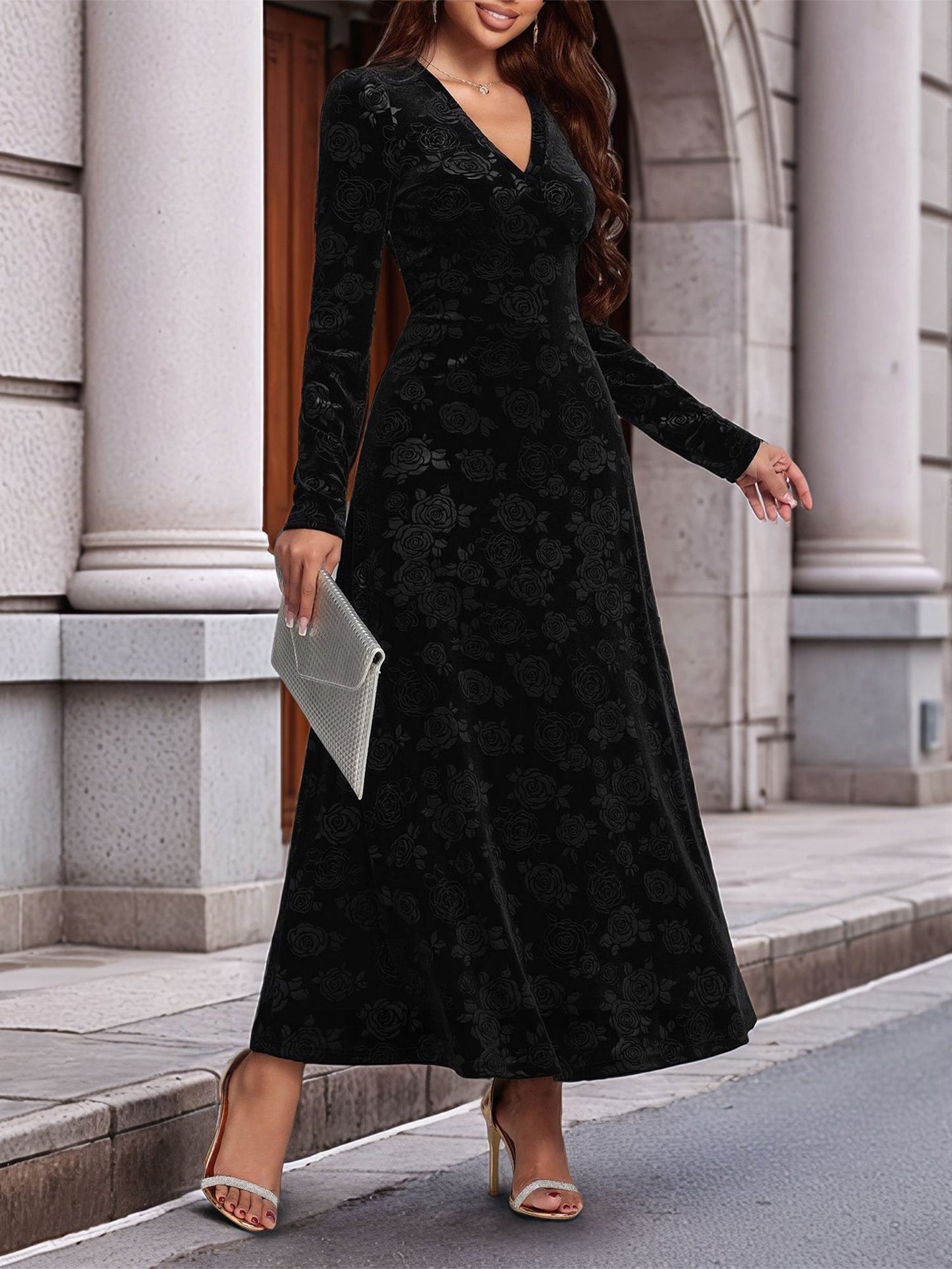 Elegant Black Floral Maxi Dress for Women with V-Neck Long Sleeve Wrap Style