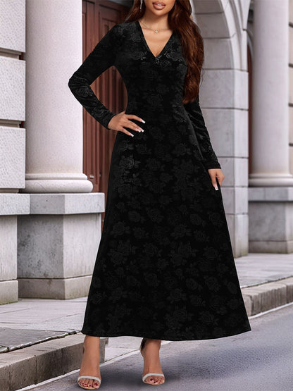 Elegant Black Floral Maxi Dress for Women with V-Neck Long Sleeve Wrap Style