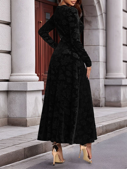 Elegant Black Floral Maxi Dress for Women with V-Neck Long Sleeve Wrap Style
