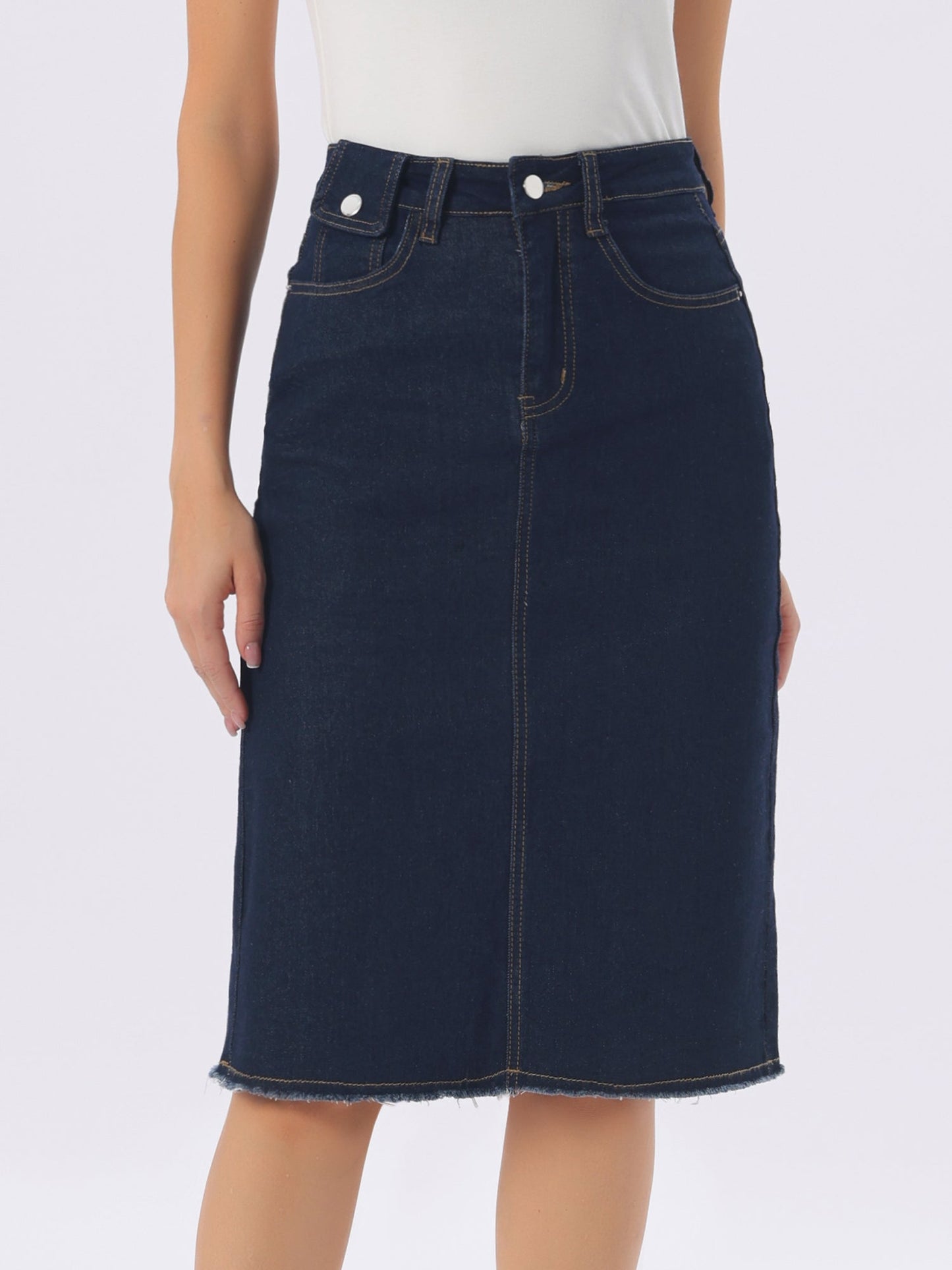 Elegant Denim Midi Skirt for Women with High Waist Fitted Straight Style