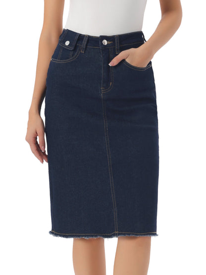 Elegant Denim Midi Skirt for Women with High Waist Fitted Straight Style