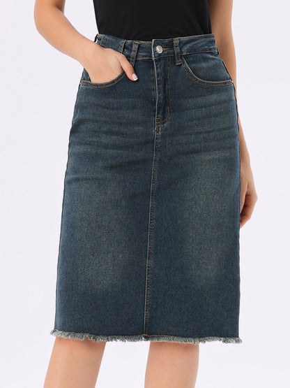 Elegant Denim Midi Skirt for Women with High Waist Fitted Straight Style