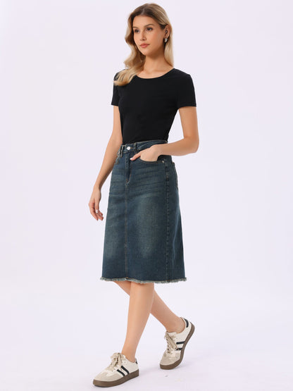 Elegant Denim Midi Skirt for Women with High Waist Fitted Straight Style