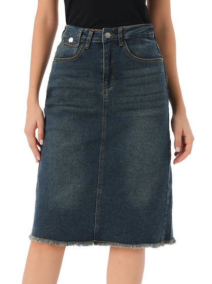 Elegant Denim Midi Skirt for Women with High Waist Fitted Straight Style