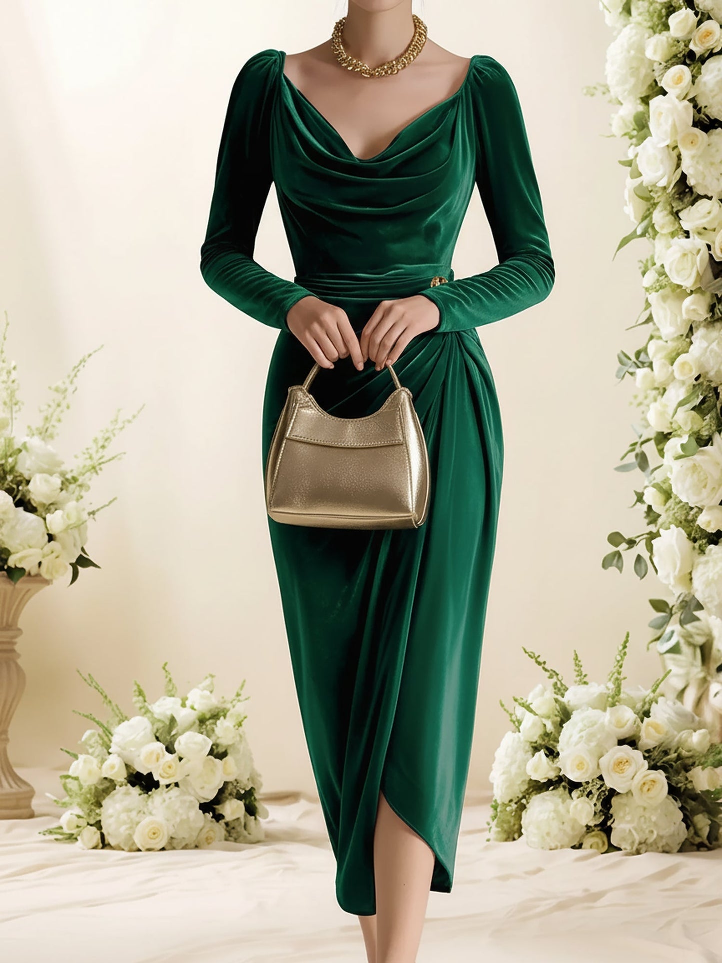 Elegant Bodycon Dress for Women with Cowl Neck Long Sleeve Ruched Style