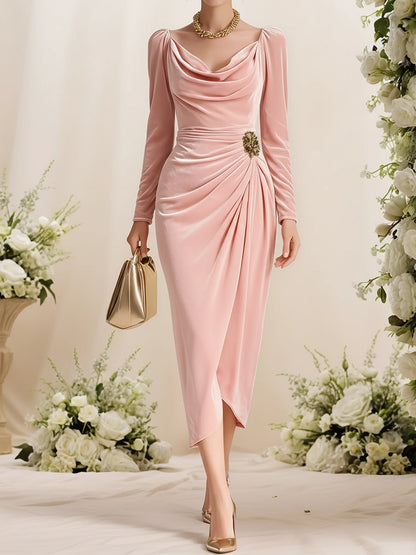 Elegant Bodycon Dress for Women with Cowl Neck Long Sleeve Ruched Style