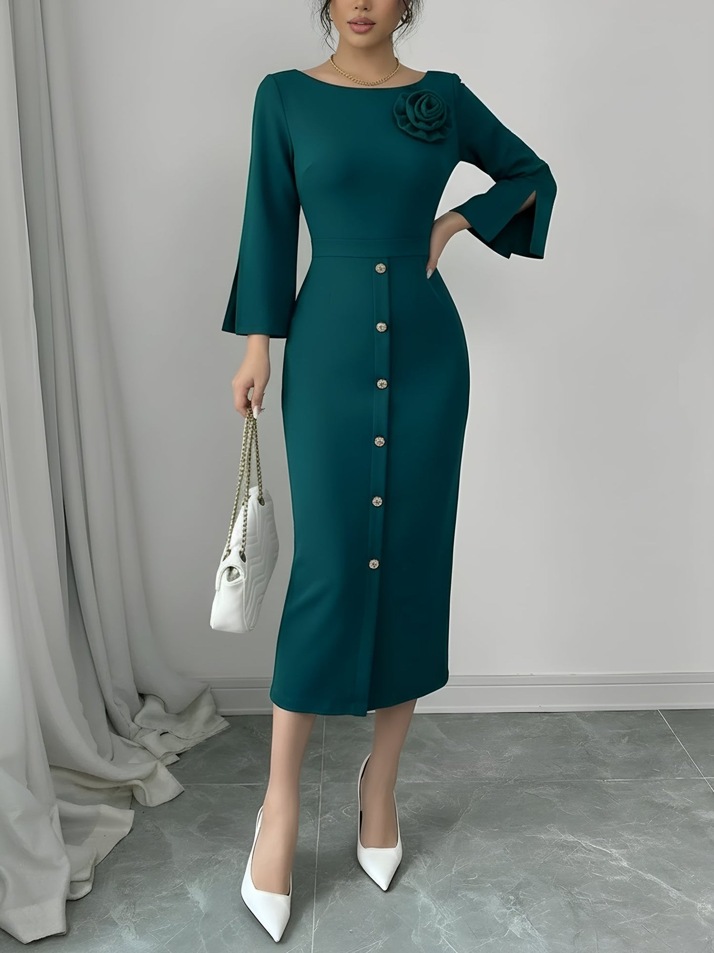Elegant Bodycon Dress for Women with Round Neck Button Front Elbow Sleeve Style