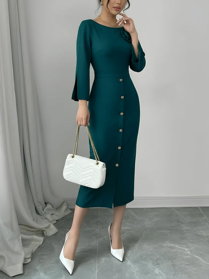 Elegant Bodycon Dress for Women with Round Neck Button Front Elbow Sleeve Style