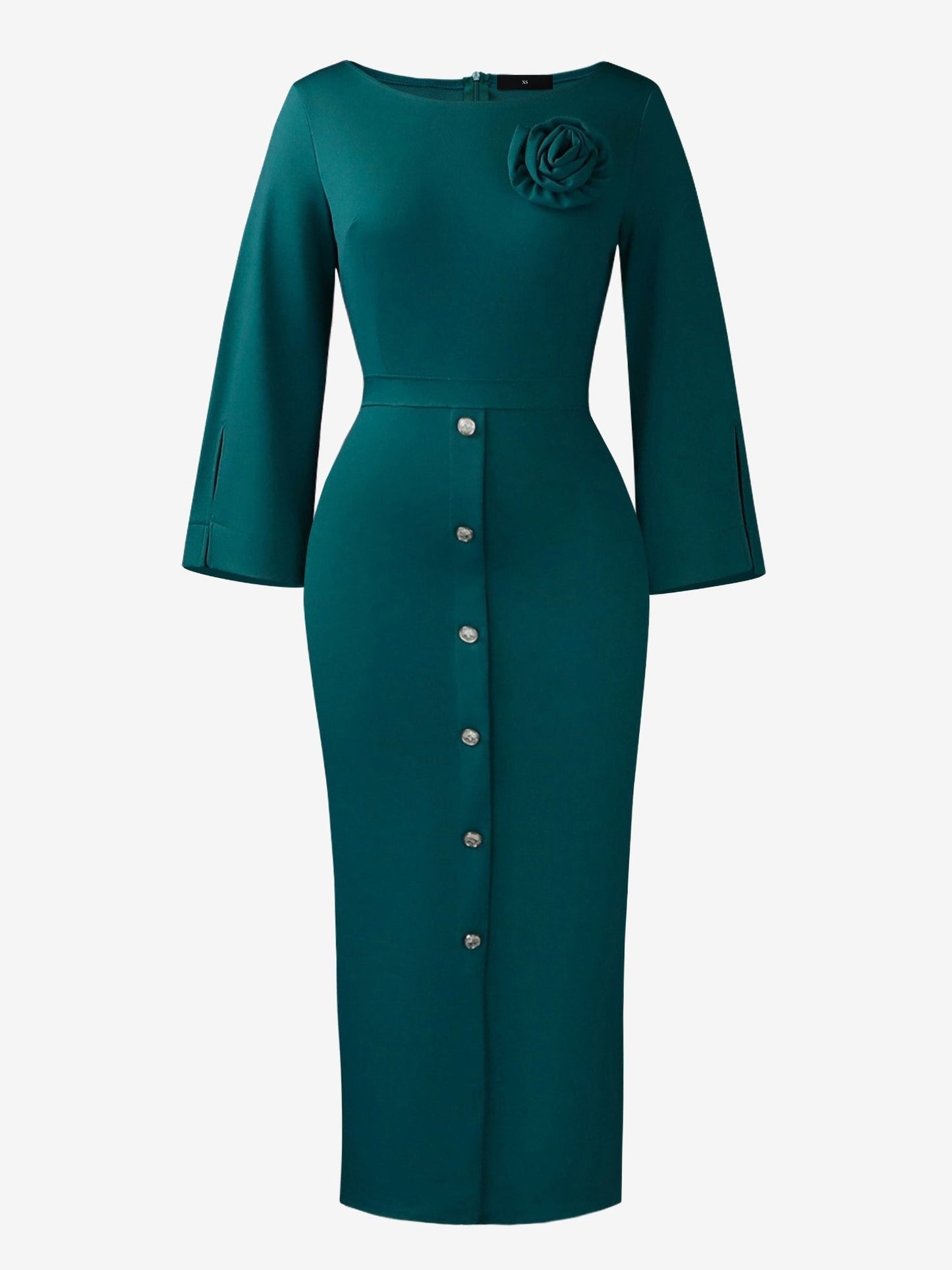 Elegant Bodycon Dress for Women with Round Neck Button Front Elbow Sleeve Style