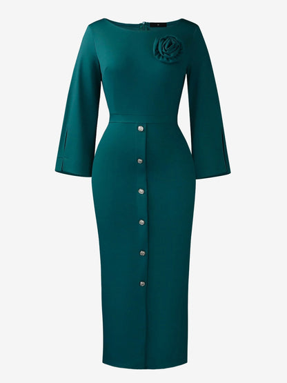Elegant Bodycon Dress for Women with Round Neck Button Front Elbow Sleeve Style