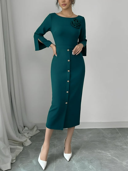 Elegant Bodycon Dress for Women with Round Neck Button Front Elbow Sleeve Style