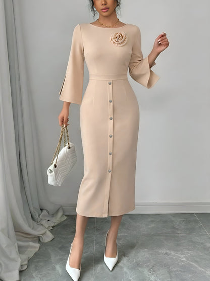 Elegant Bodycon Dress for Women with Round Neck Button Front Elbow Sleeve Style