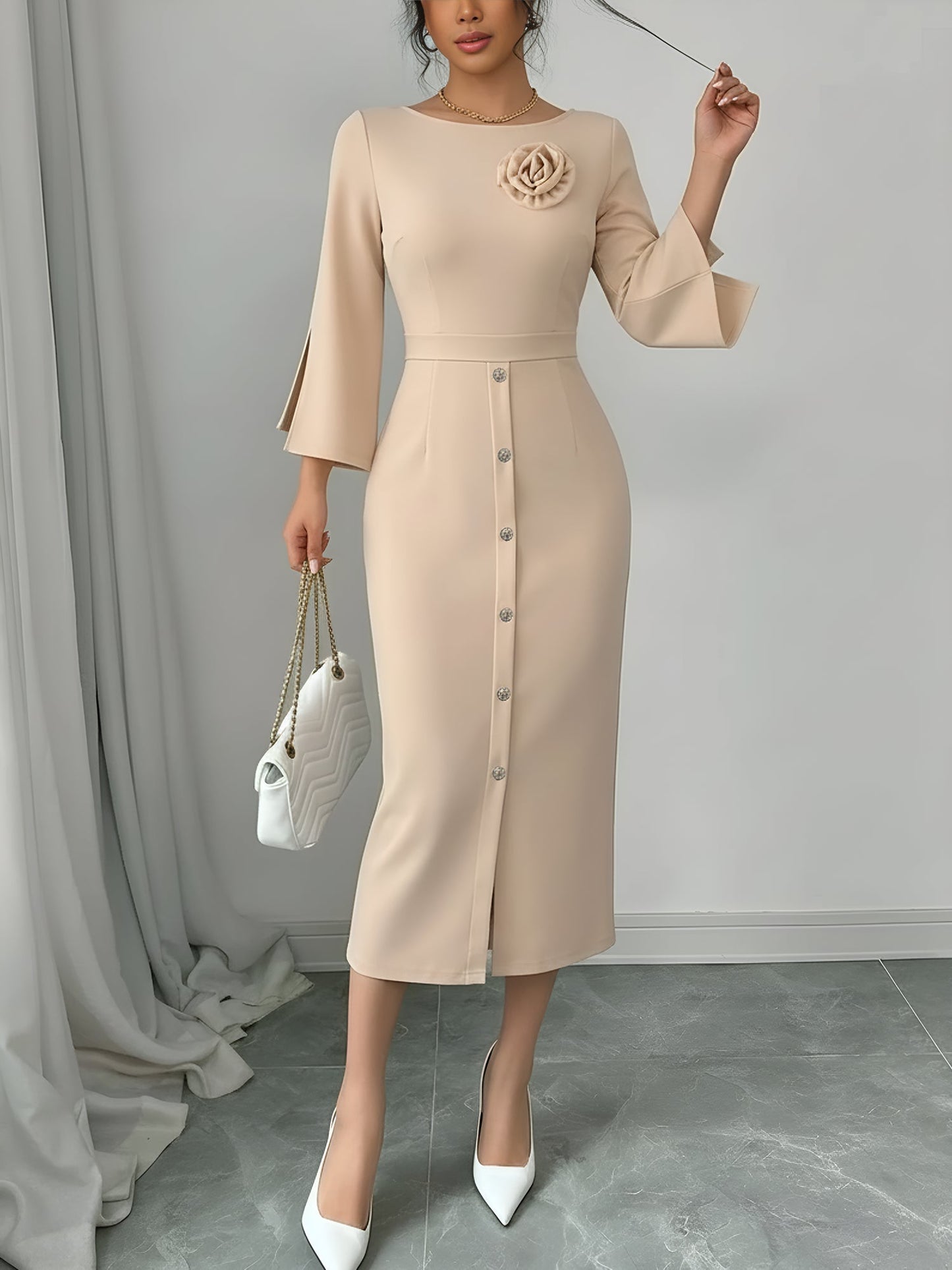 Elegant Bodycon Dress for Women with Round Neck Button Front Elbow Sleeve Style
