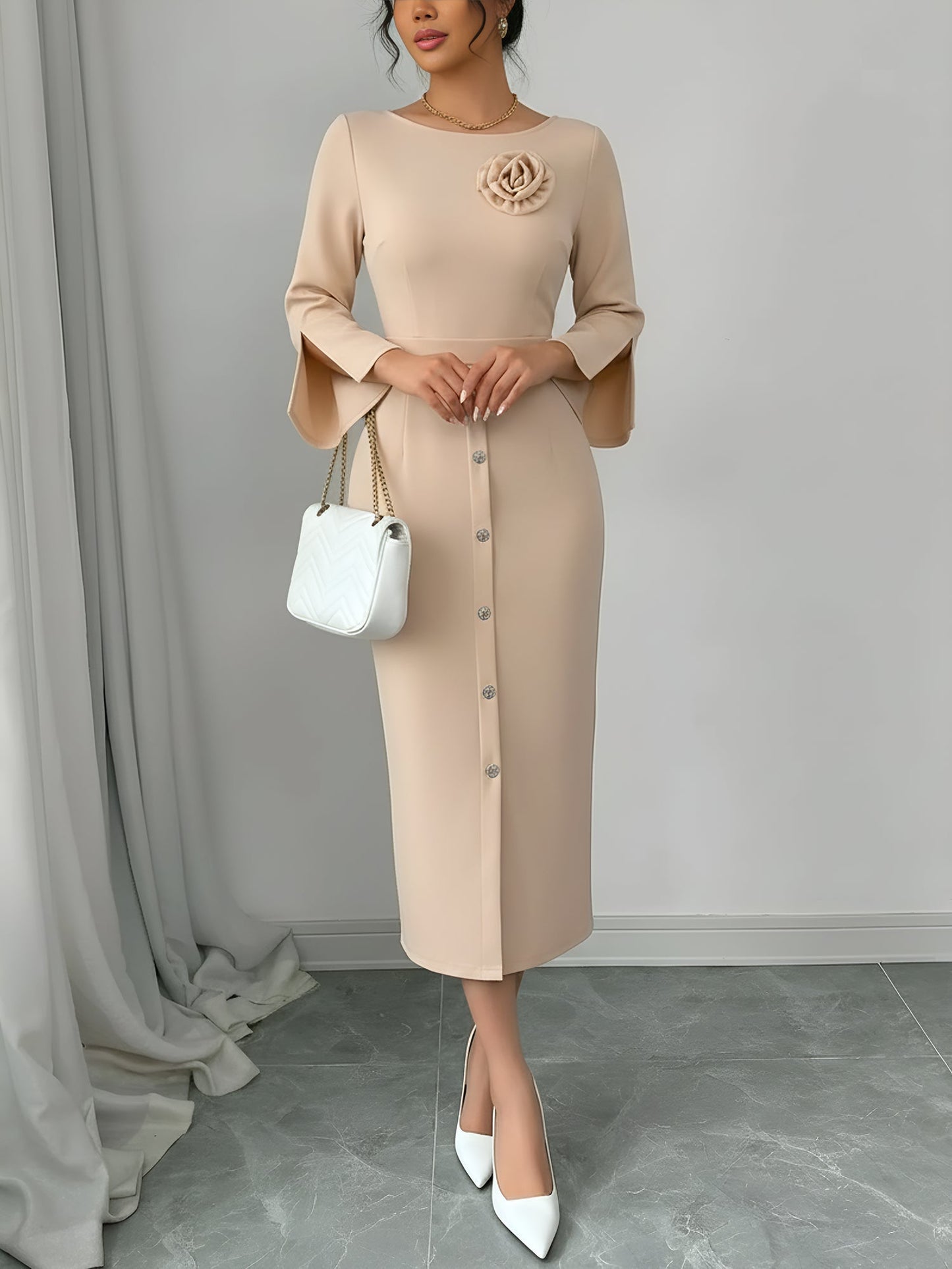Elegant Bodycon Dress for Women with Round Neck Button Front Elbow Sleeve Style