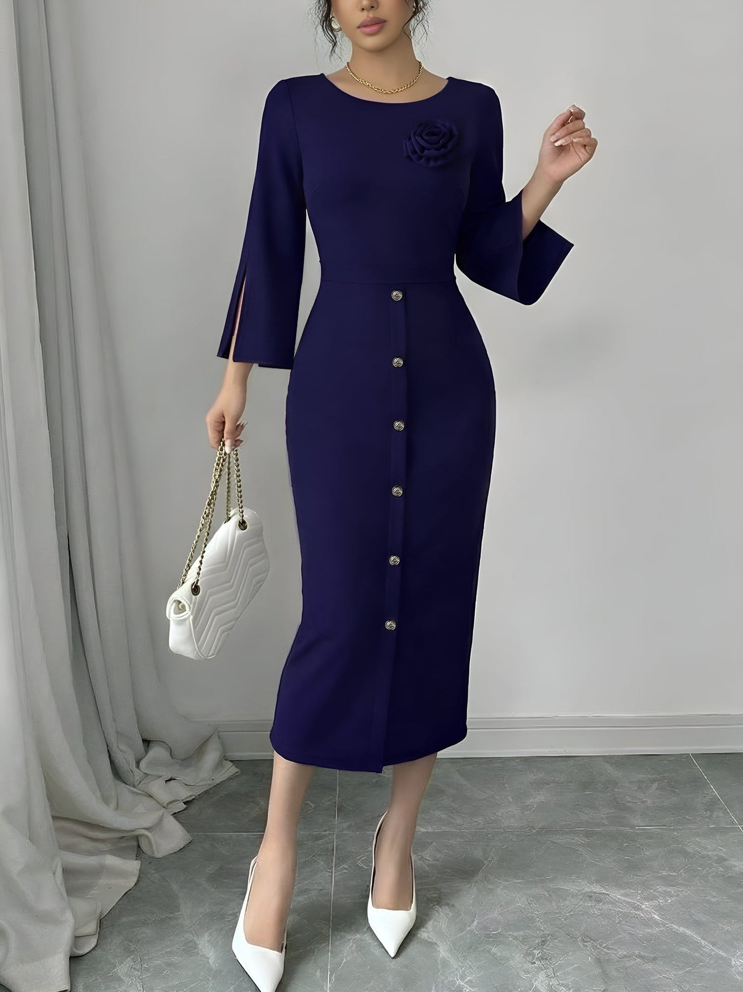Elegant Bodycon Dress for Women with Round Neck Button Front Elbow Sleeve Style