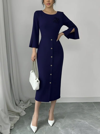 Elegant Bodycon Dress for Women with Round Neck Button Front Elbow Sleeve Style