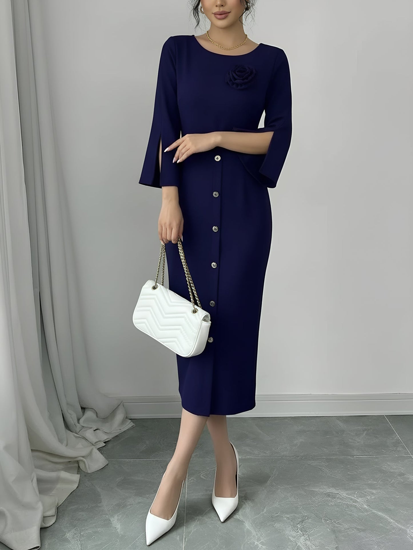 Elegant Bodycon Dress for Women with Round Neck Button Front Elbow Sleeve Style