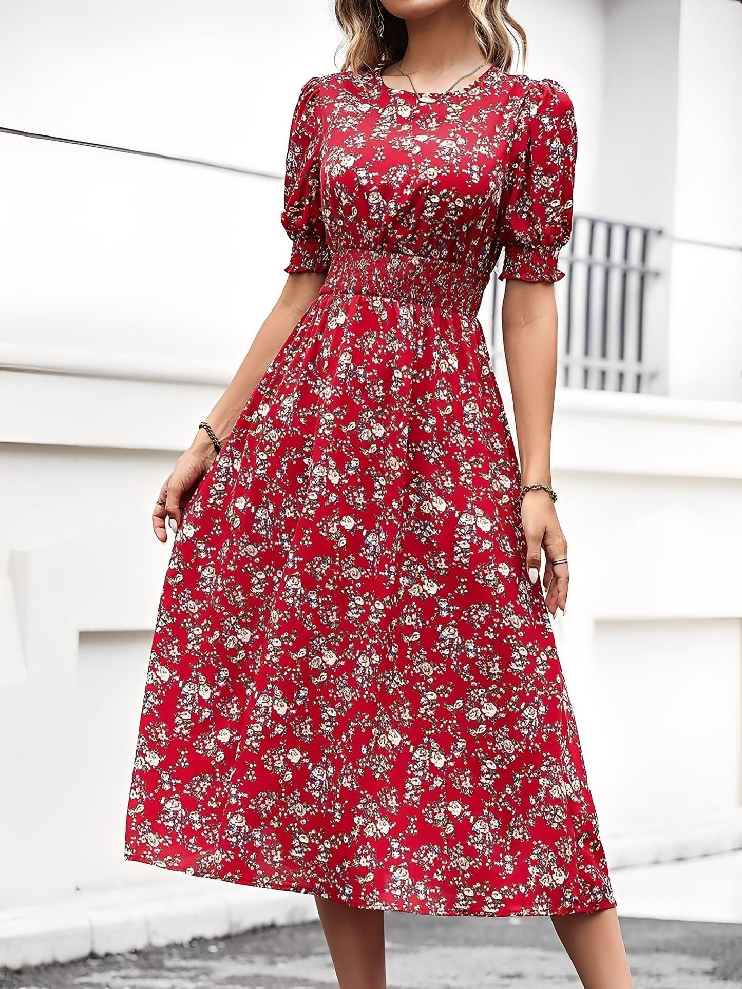 Elegant Red Floral Midi Dress for Women with Puff Sleeve Fitted Waist Side Slit Style