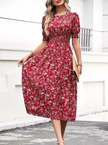 Elegant Red Floral Midi Dress for Women with Puff Sleeve Fitted Waist Side Slit Style