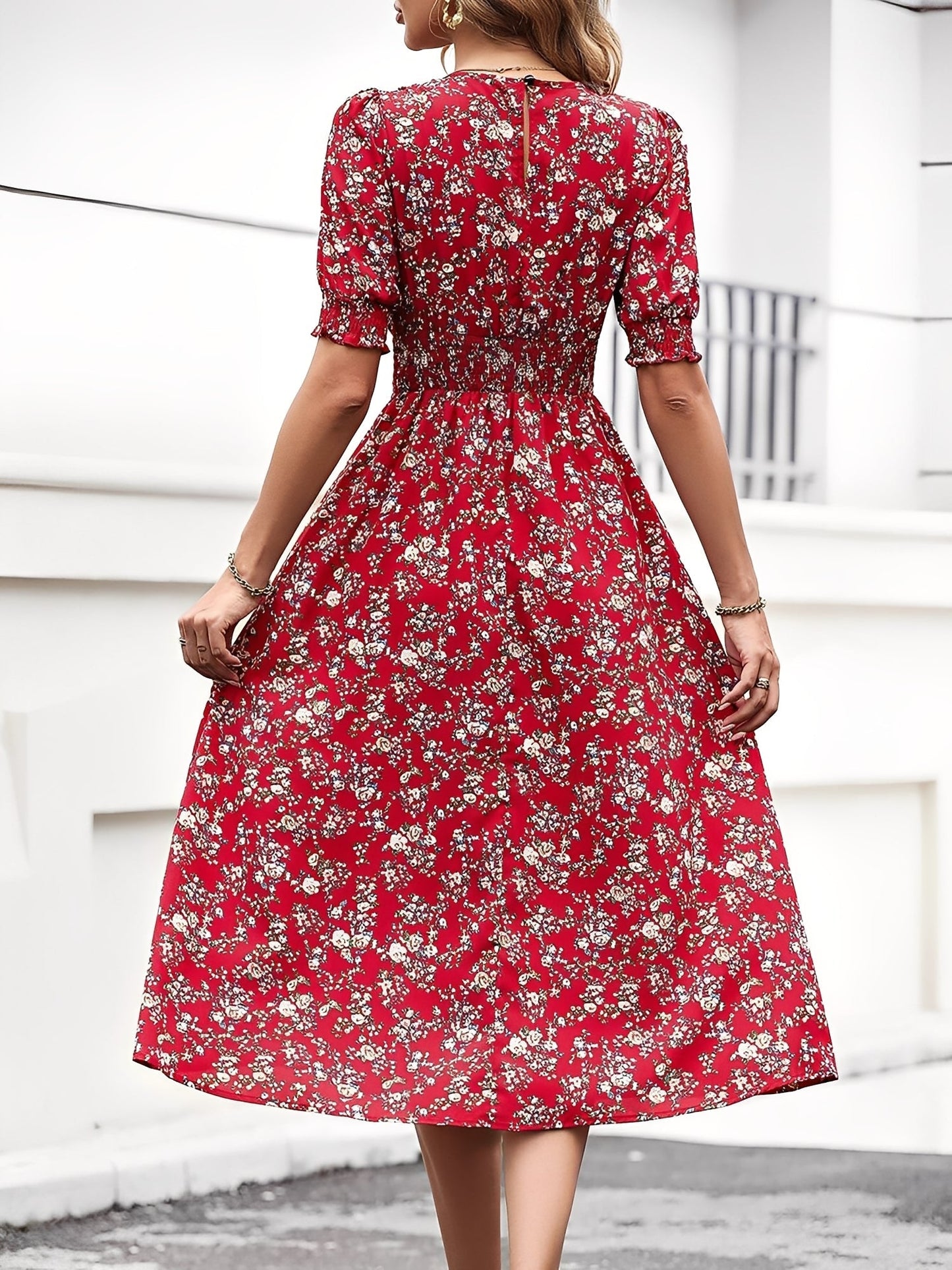 Elegant Red Floral Midi Dress for Women with Puff Sleeve Fitted Waist Side Slit Style
