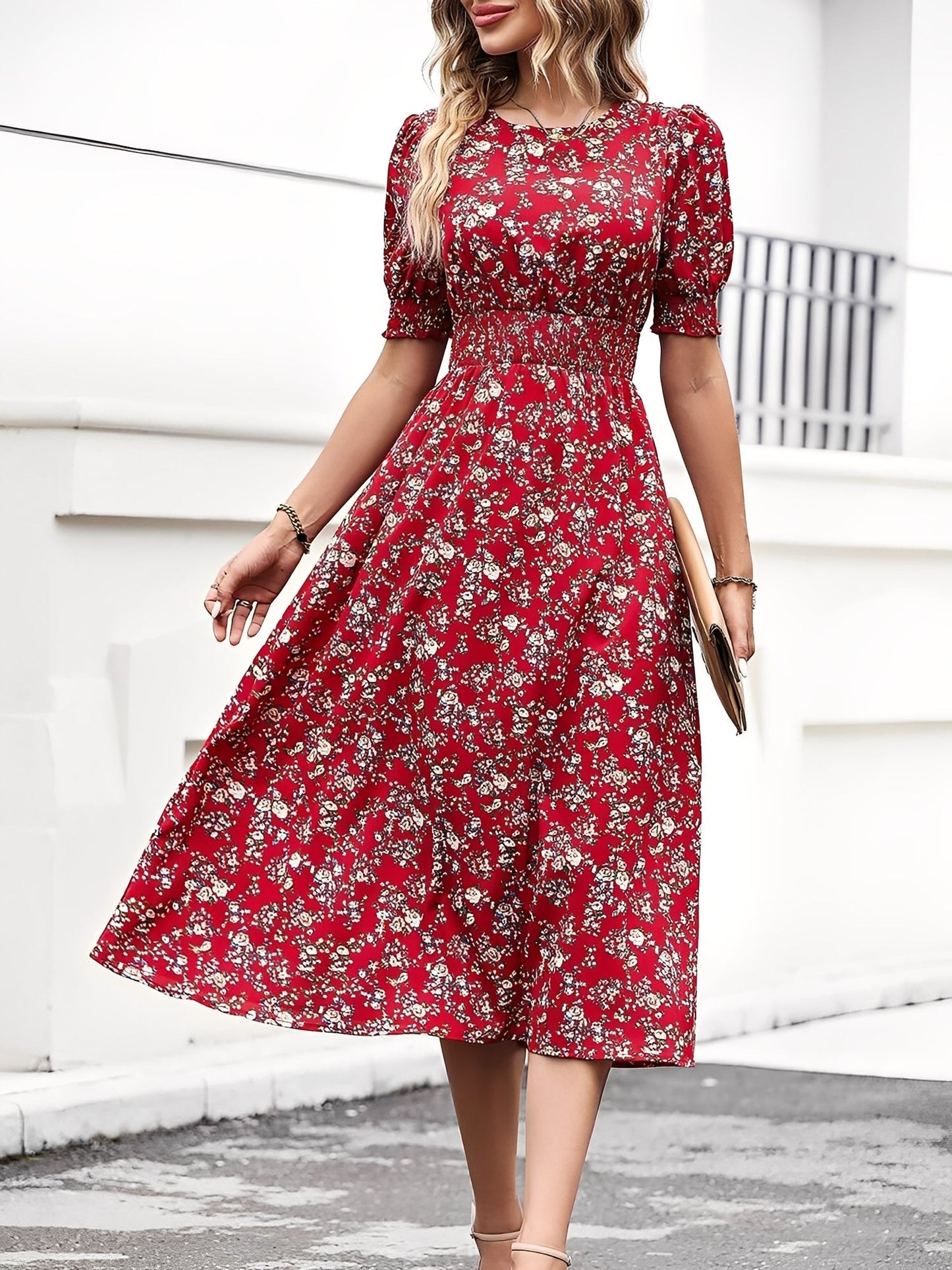 Elegant Red Floral Midi Dress for Women with Puff Sleeve Fitted Waist Side Slit Style
