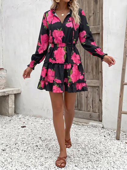 Effortless Floral Mini Dress for Women with V-Neck Long Sleeve Tiered Ruffle Style